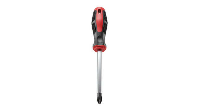 Professional phillips head screwdriver with ergonomic red handle, manual hand tool for home repair, steel hardware equipment on white background