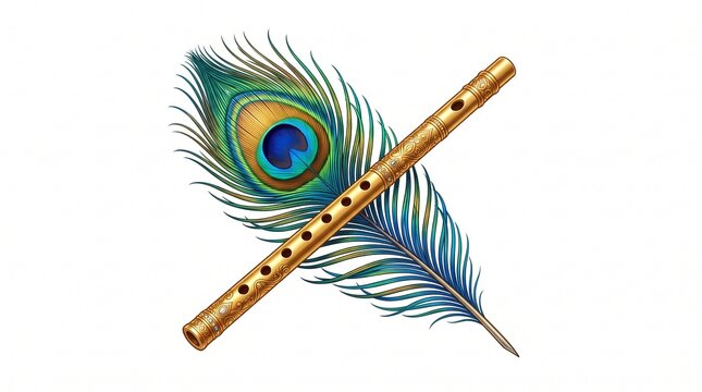 Traditional golden flute with peacock feather, sacred bansuri musical instrument, divine Krishna symbols on white background