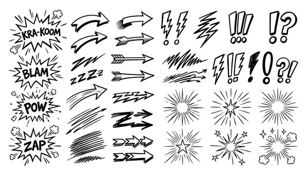 Comic book action sound effects and speed arrows black vector.