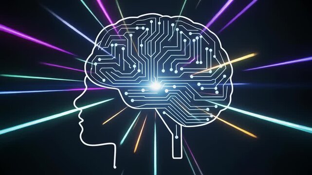 Glowing circuit brain in human silhouette with light rays