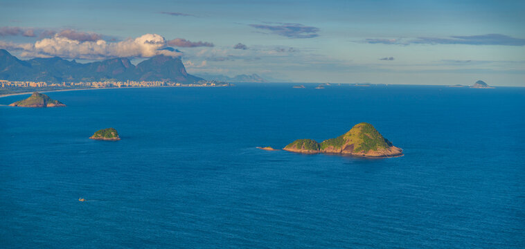 Panoramic aerial view of tropical islands in Rio de Janeiro ocean coast Brazil
