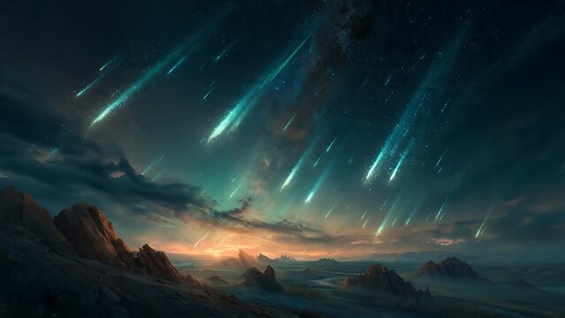 Stunning Meteor Shower Illuminating a Dark Night Sky Over a Distant Alien Landscape.