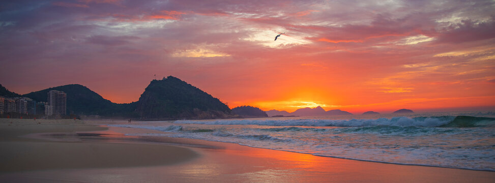 Stunning sunrise on Copacabana beach in Rio de Janeiro Brazil with copy space