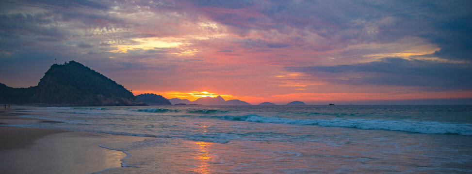 Peaceful sunrise on Copacabana beach in Rio de Janeiro Brazil with copy space