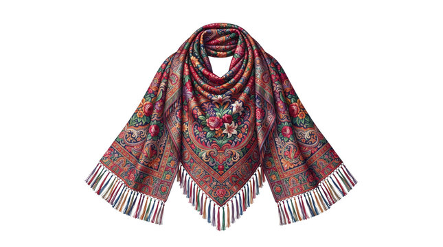 Traditional floral wool shawl with fringe. Ethnic patterned pashmina scarf on white background. Elegant red folk style wrap.