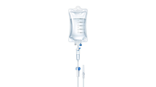 Medical IV drip bag with saline solution, intravenous fluid therapy equipment, clear plastic infusion bag on white background