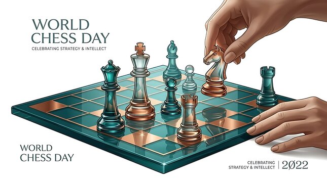 World Chess Day celebration with hands playing glass chess set.