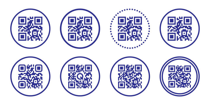 QR Code Icon Set Scan Code Line Icons in Circle Badges for Mobile Payment, Digital Menu, and App UI Design.