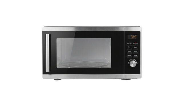 Modern stainless steel microwave oven, sleek kitchen appliance with digital display, silver electric microwave for home cooking