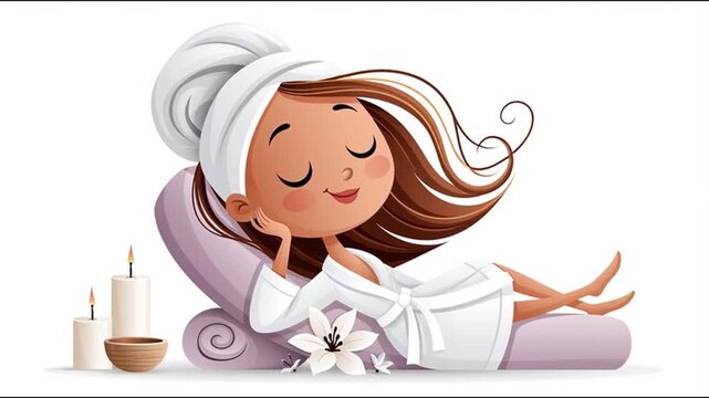 Cartoon woman in a robe with a towel on her head on a cosmetic couch, candles flowers flat design on white background