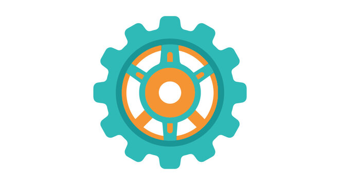 Turquoise and orange gear with radial spokes is a flat vector illustration