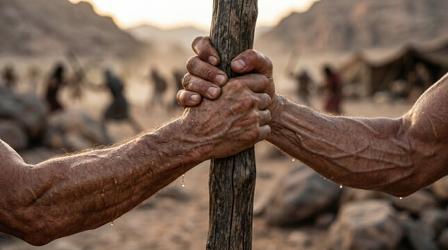 Aaron and Hur supporting the weary, heavy arms of Moses during the fierce battle against the Amalekites at Rephidim.