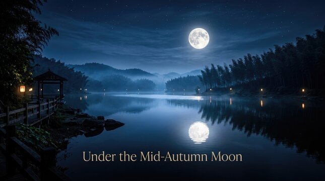 Celebrating the mid autumn festival a serene night scene featuring a full moon reflected on calm waters symbolizing family reunion and harmonious