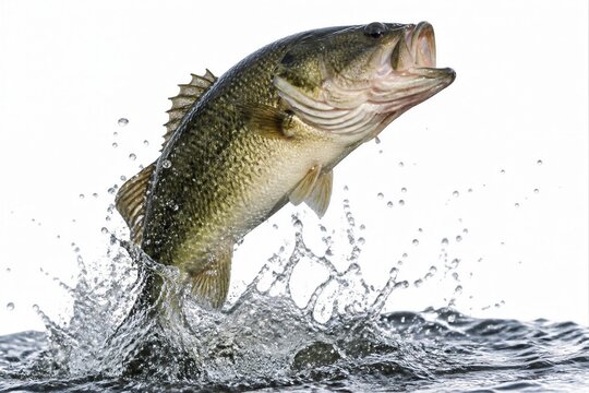 Largemouth bass jumping out of water with surface splash