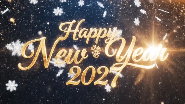 Golden Happy New Year 2027 text with falling white snowflakes