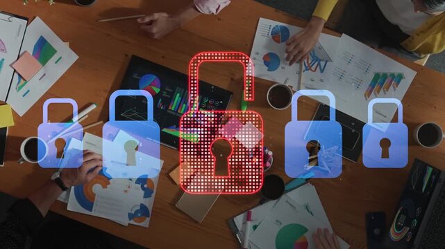 A diverse team works together in a modern office setting, highlighting collaboration and security concepts through visual overlays, symbolizing effective teamwork and innovation. Raster