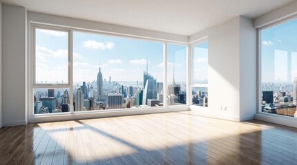 Fototapeta premium Modern apartment with large windows offers panoramic city views. Sunlight streams across polished wooden floors, creating bright, empty living space with urban skyline backdrop.
