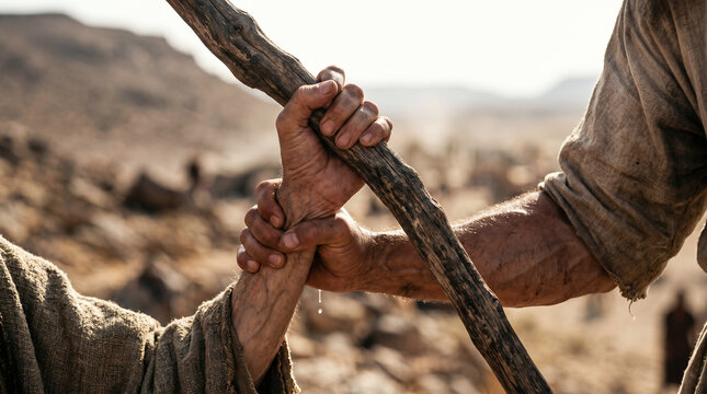 Aaron and Hur supporting the weary, heavy arms of Moses during the fierce battle against the Amalekites at Rephidim.