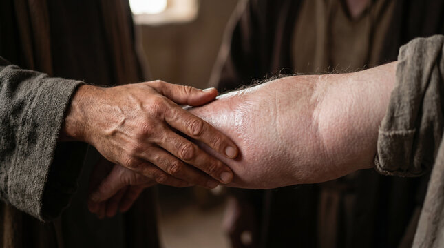 Jesus healing a man with severe swelling right in front of the judgmental Pharisees during a Sabbath feast