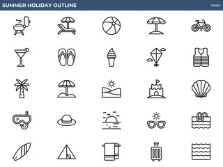 Fototapeta premium A collection of outline icons representing summer holiday activities, including beach gear, leisure items, and outdoor fun. Ideal for travel and vacation-themed projects.