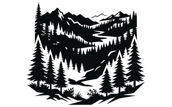 Vintage mountain landscape illustration. Retro pine forest silhouette. Winding river through pine trees outdoors. Black and white vector design for logo or print. isolated on White Background