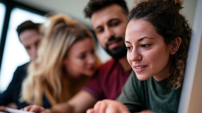 Diverse team collaborating on project at modular workspace
