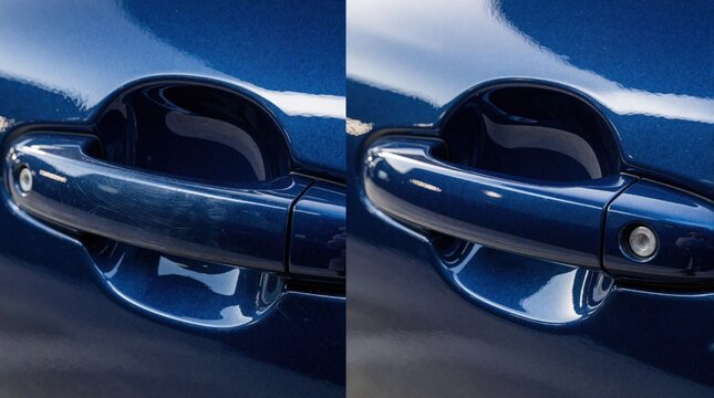 Split screen showing car paint correction on blue vehicle door handle. Left side scratches, swirl marks on paintwork. Right side shows polished glossy finish after pro detailing. Automotive surface