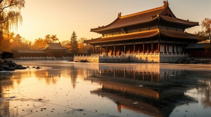 Fototapeta premium Traditional Asian palace architecture stands by frozen pond at sunset. Grand wooden building reflects in icy water surface. Golden light shines on ancient temple structure with pagoda roofs. Scenic