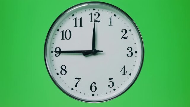 Analog clock faces showing passage of time with moving hands on a green background