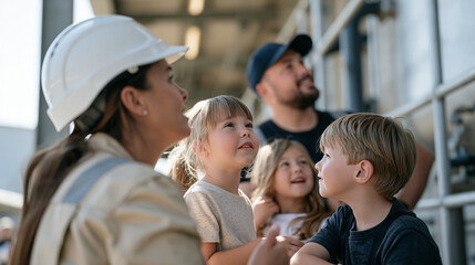 Fototapeta premium A water treatment plant worker guiding her family through a busy urban facility during an open day, the group watching a filtration tank with curiosity, heirloom quality safety