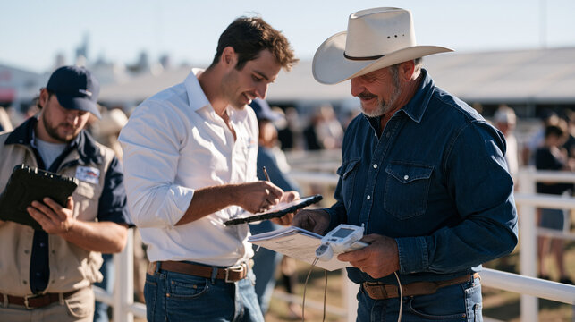 Livestock farmers at a busy agricultural fair monitoring elderly cattle through crowd barriers, urban skyline faintly visible beyond the showground tents, a senior rancher