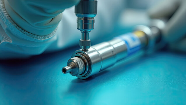 A close up view of an engineer assembling a complex metallic device in a laboratory environment