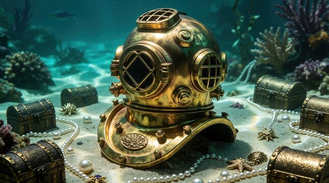 Gold diving helmet rests on sandy ocean floor with treasure chests and pearls. Underwater scene suggests discovery and hidden wealth with antique artifact.