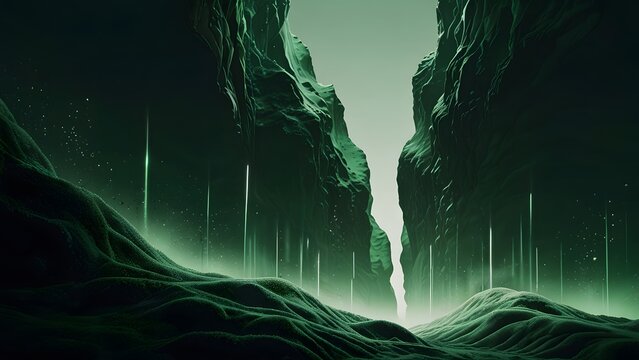 Surreal sci-fi canyon landscape with vertical glowing green light energy beams rising from dark rock gorge, alien planet landscape