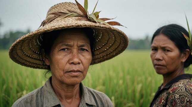 Close up portrait of serious Indonesian woman farmer wearing traditional straw hat in rice field. Asian female worker looks at camera in rural agriculture setting. Another local woman stands behind