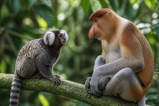 Proboscis monkey and marmoset perched on forest branch
