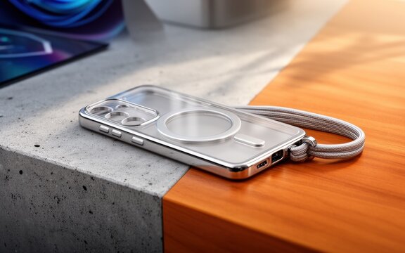 Elegant transparent smartphone case with silver bumper and wrist strap