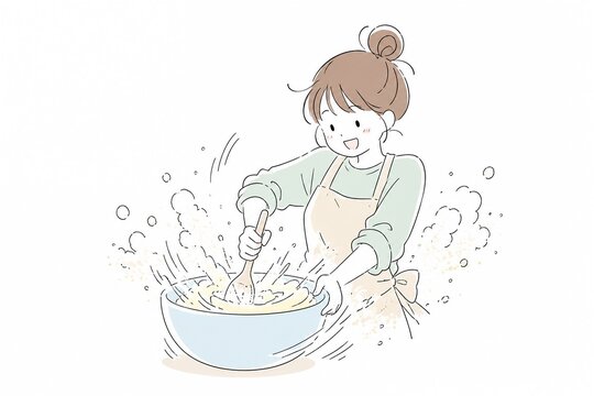 笑顔の若い女性がボウルで料理の準備をする楽しげな様子