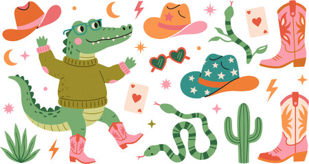 Naklejka premium Retro Western Crocodile Illustration with Cowboy Boots and Desert Elements.