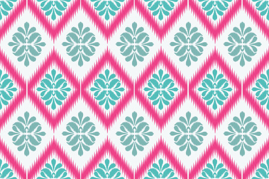 Seamless damask ikat pattern background. Elegant floral motif with geometric rhombus border in pink and teal. illustration for fashion textile, wallpaper, tile, or home decor.