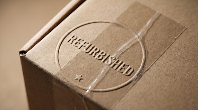 Close-up of a brown cardboard shipping package with a circular refurbished stamp and clear adhesive tape