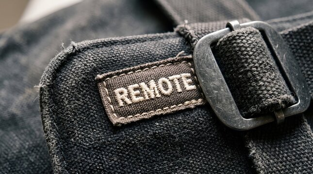 Close-up shot of a fabric tag with the word REMOT on a dark material, featuring a metal buckle