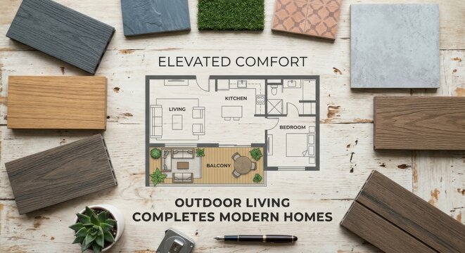 Modern Apartment Floor Plan with Balcony and Outdoor Living Area, Top-Down View