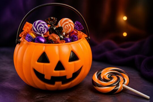 Pumpkin candy bucket filled with assorted sweets on tabletop