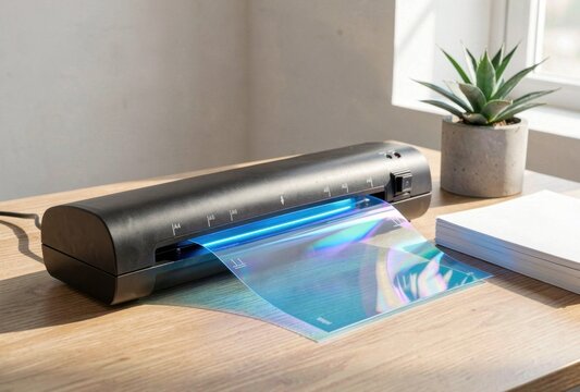 Black laminating machine with a holographic pouch on a wooden desk