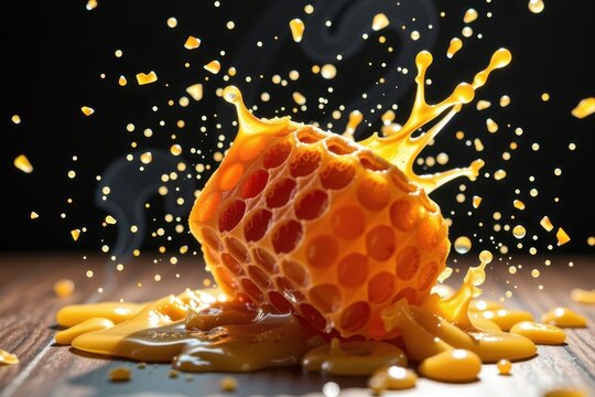 Golden honey splashes from a hexagonal comb