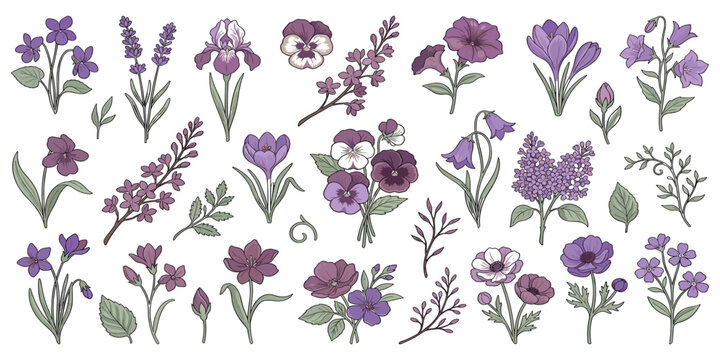 Purple and lavender botanical flowers vector set featuring violet lilac pansy iris and crocus illustrations