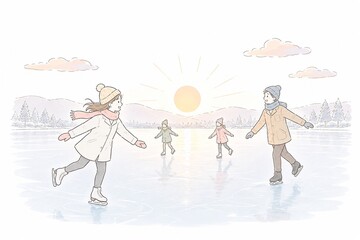 Naklejka premium 夕暮れ時に凍った湖で家族が一緒にアイススケートを楽しむ冬の風景イラスト