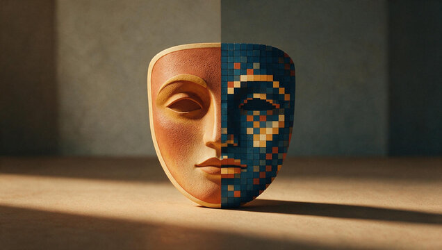 Minimal symbolic illustration of a split face mask. Human organic texture and digital pixel halves representing online identity and artificial intelligence
