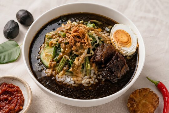 Indonesian Rawon Pecel East Javanese Black Beef Broth Soup with Peanut Sauce Vegetables and White Rice in Ceramic Bowl